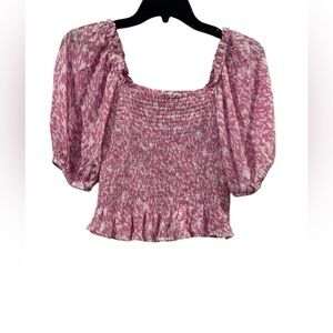 Women’s Gab Kate Smocked Ruffled Hem Puff Sleeves Pink & White Blouse: S